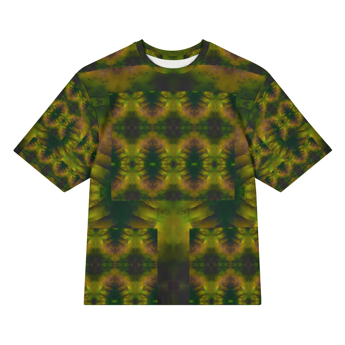 Front view of Purely Jade Light Cotton OverSized T-Shirt with darker green jade field, gold-purple mineral blooms, and patterned sleeves by RJSTH.