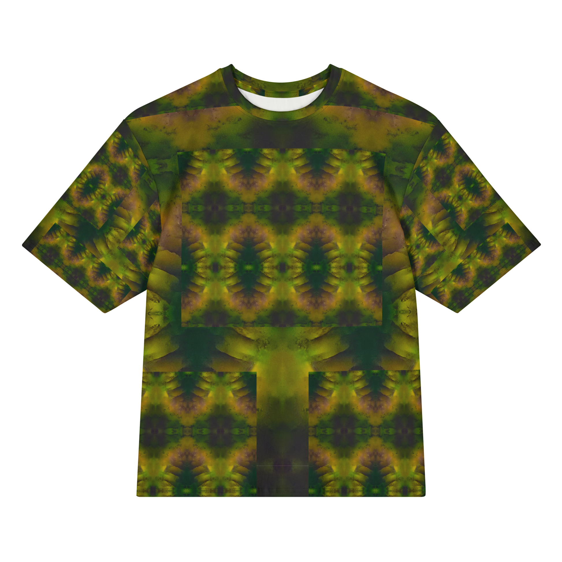 Front view of Purely Jade Light Cotton OverSized T-Shirt with darker green jade field, gold-purple mineral blooms, and patterned sleeves by RJSTH.