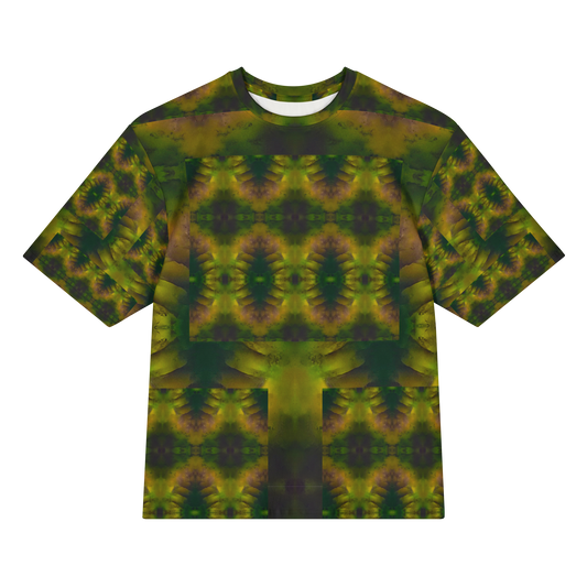 Front view of Purely Jade Light Cotton OverSized T-Shirt with darker green jade field, gold-purple mineral blooms, and patterned sleeves by RJSTH.