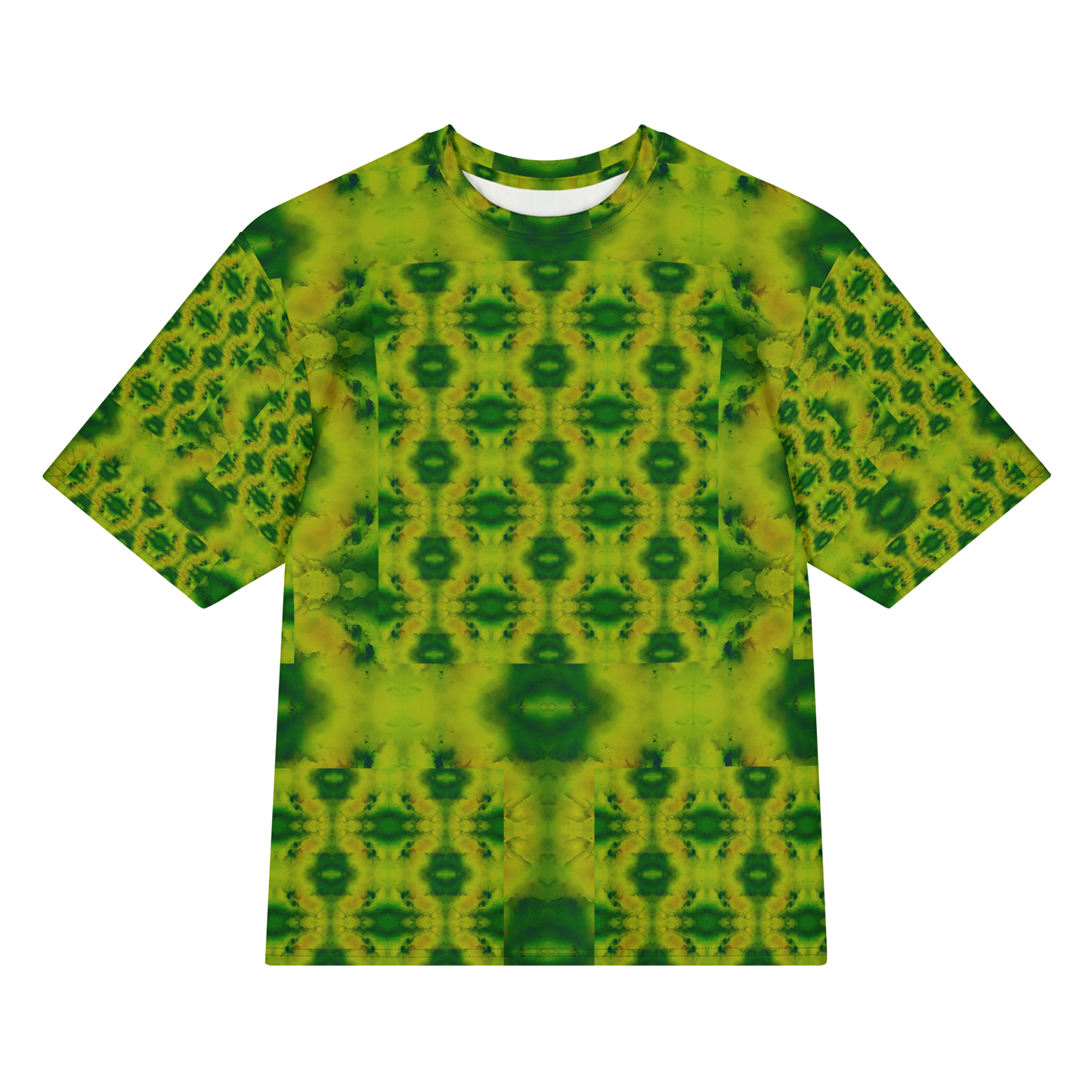 Front view of Purely Jade Light Cotton OverSized T-Shirt with yellow-green medallion grid, darker green center accents, and patterned sleeves by RJSTH.