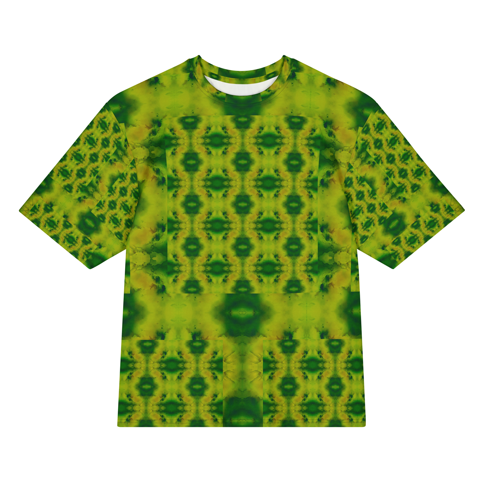 Front view of Purely Jade Light Cotton OverSized T-Shirt with yellow-green medallion grid, darker green center accents, and patterned sleeves by RJSTH.