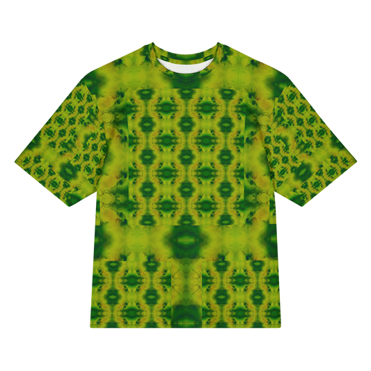 Front view of Purely Jade Light Cotton OverSized T-Shirt with yellow-green medallion grid, darker green center accents, and patterned sleeves by RJSTH.