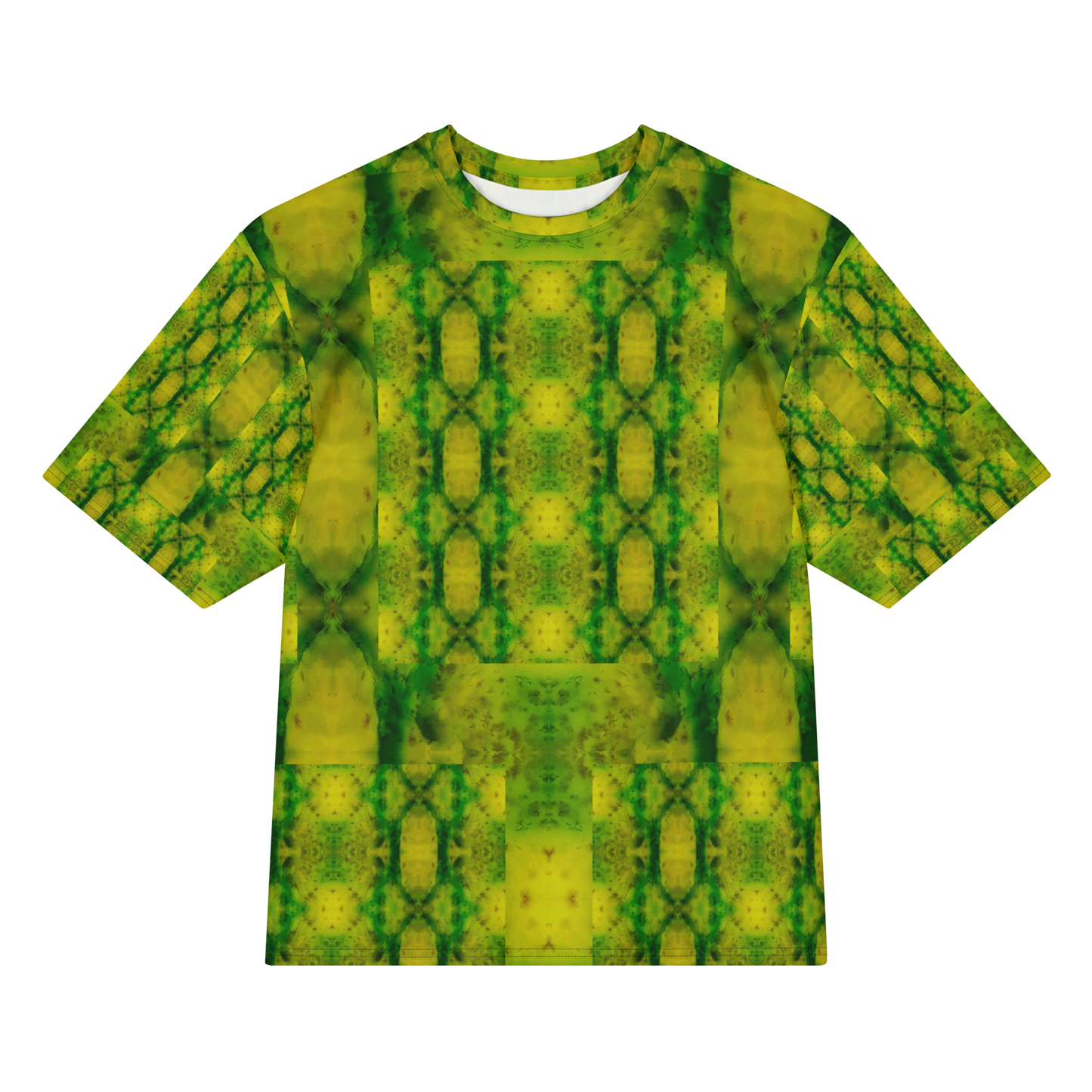 Front view of Purely Jade Light Cotton OverSized T-Shirt with yellow-green vertical lattice panels, soft jade veining, and patterned sleeves by RJSTH.