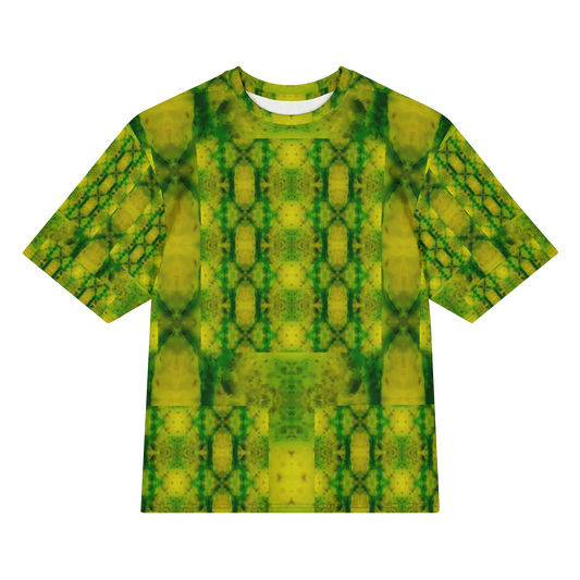 Front view of Purely Jade Light Cotton OverSized T-Shirt with yellow-green vertical lattice panels, soft jade veining, and patterned sleeves by RJSTH.