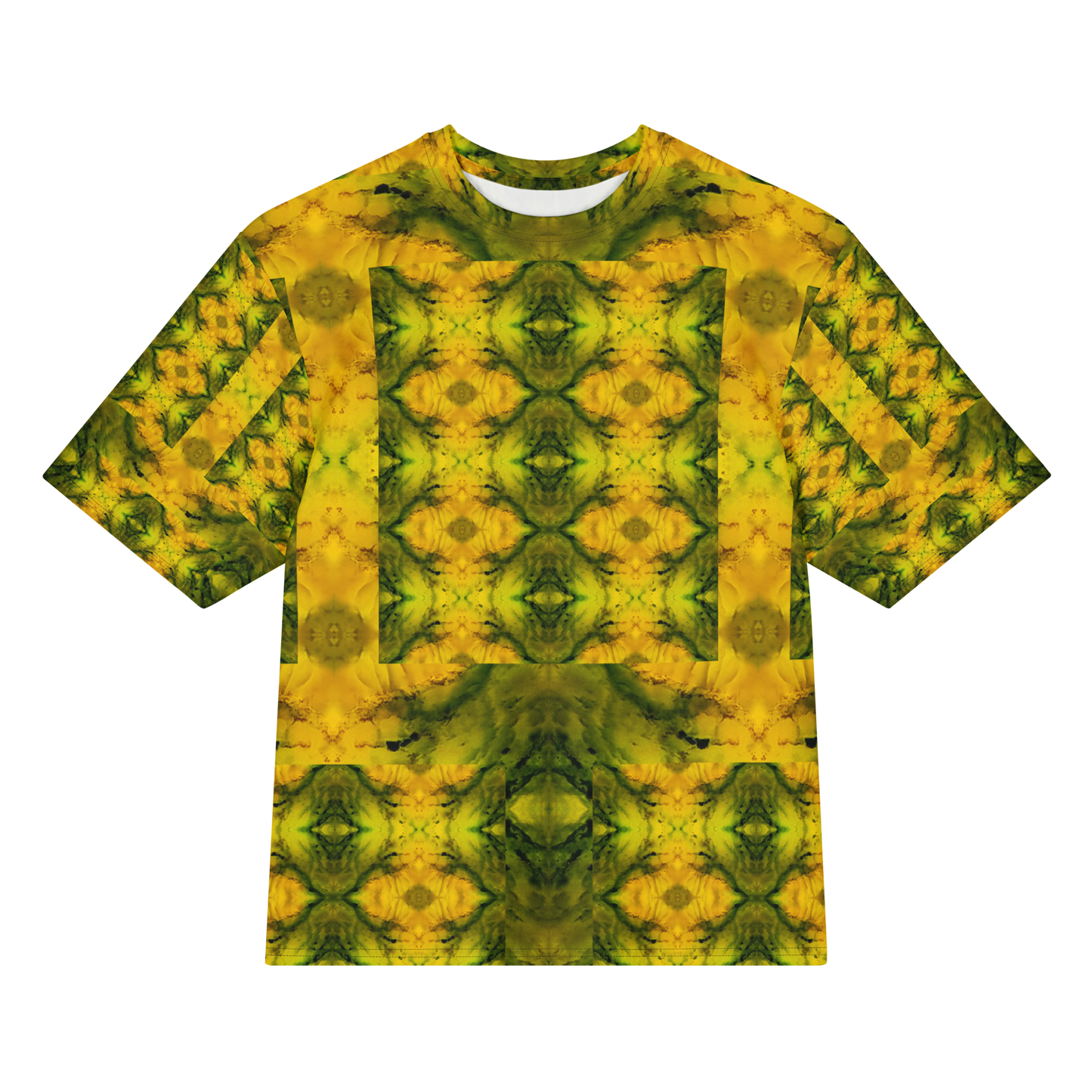 Front view of Purely Jade Light Cotton OverSized T-Shirt with yellow-gold mirrored jade panels, green medallion columns, and patterned sleeves by RJSTH.