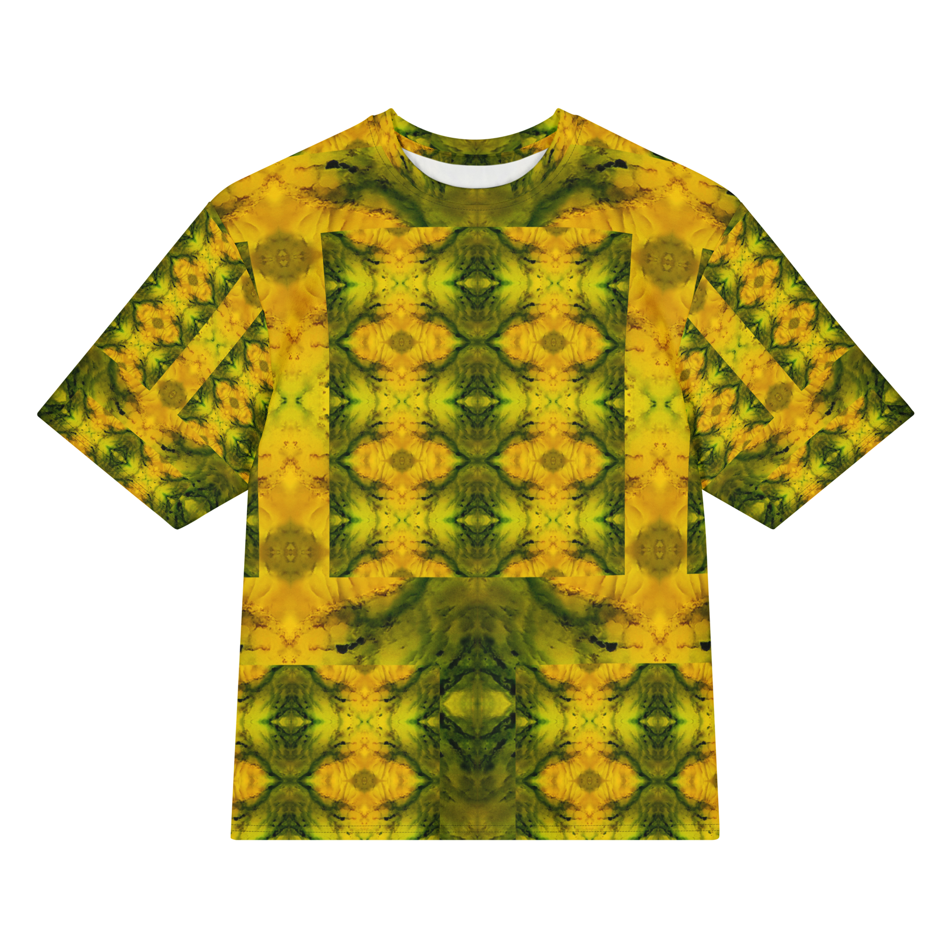 Front view of Purely Jade Light Cotton OverSized T-Shirt with yellow-gold mirrored jade panels, green medallion columns, and patterned sleeves by RJSTH.
