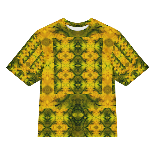 Front view of Purely Jade Light Cotton OverSized T-Shirt with yellow-gold mirrored jade panels, green medallion columns, and patterned sleeves by RJSTH.
