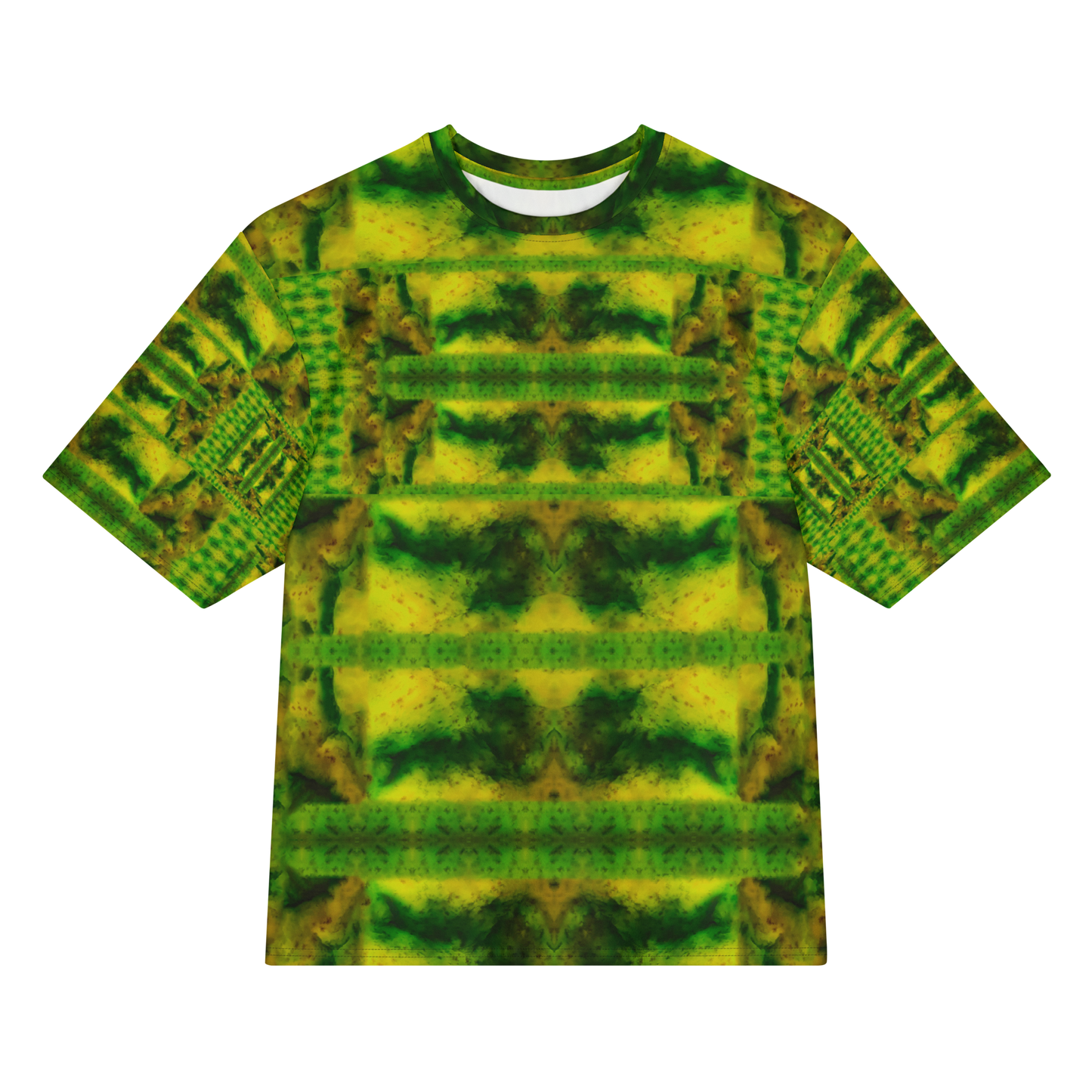 Front view of Purely Jade Light Cotton OverSized T-Shirt with green-yellow horizontal chamber bands, moss veining, and patterned sleeves by RJSTH.