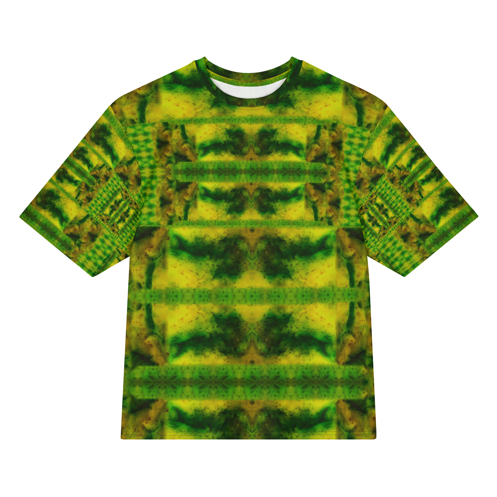 Front view of Purely Jade Light Cotton OverSized T-Shirt with green-yellow horizontal chamber bands, moss veining, and patterned sleeves by RJSTH.