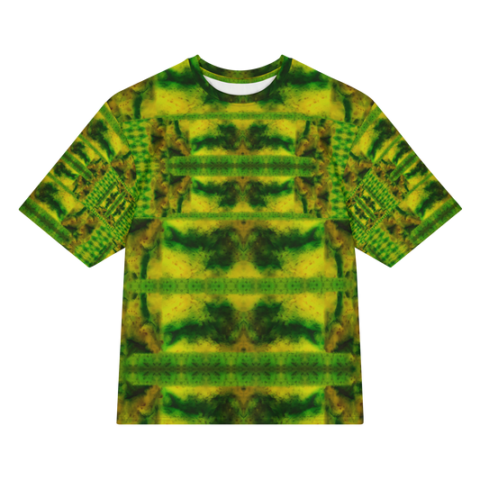 Front view of Purely Jade Light Cotton OverSized T-Shirt with green-yellow horizontal chamber bands, moss veining, and patterned sleeves by RJSTH.