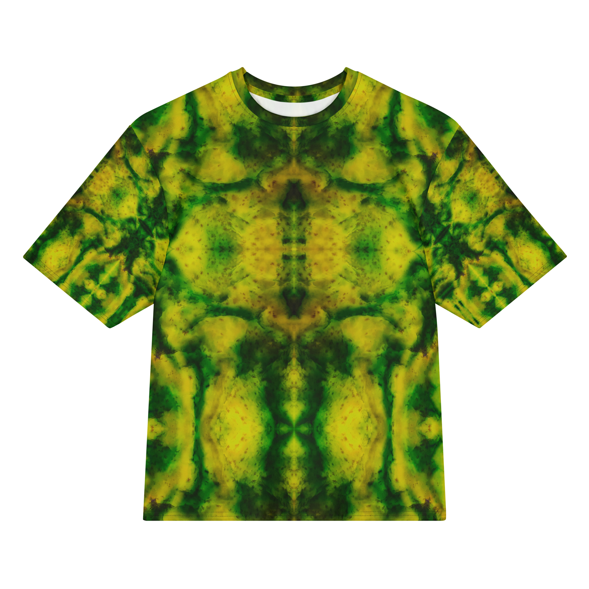 Front view of Purely Jade Light Cotton OverSized T-Shirt with green-yellow mirrored mineral field, dark central jade chamber, mottled sleeves by RJSTH.
