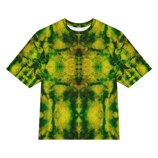 Front view of Purely Jade Light Cotton OverSized T-Shirt with green-yellow mirrored mineral field, dark central jade chamber, mottled sleeves by RJSTH.