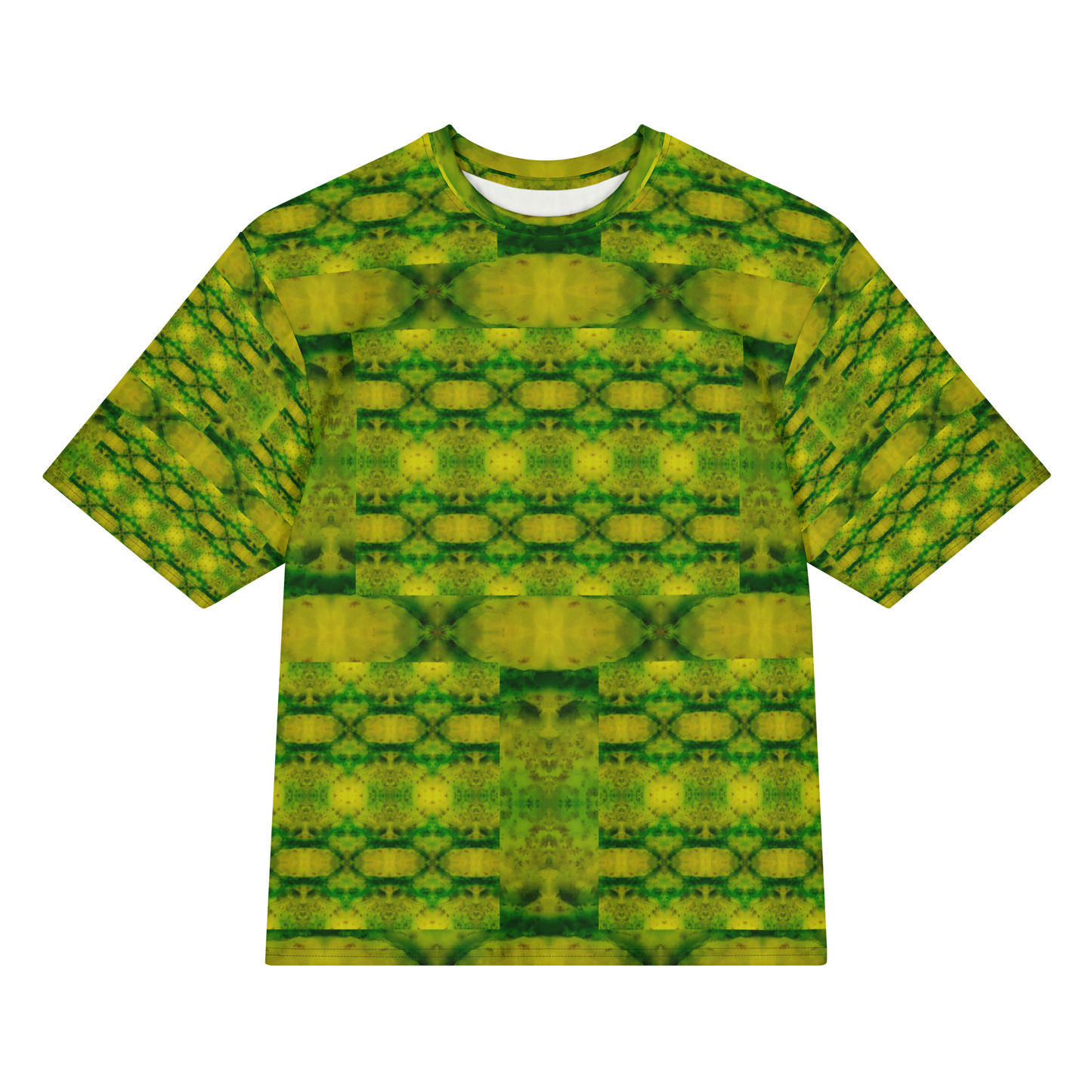 Front view of Purely Jade Light Cotton OverSized T-Shirt with yellow-green chamber lattice, broad horizontal bands, and patterned sleeves by RJSTH.