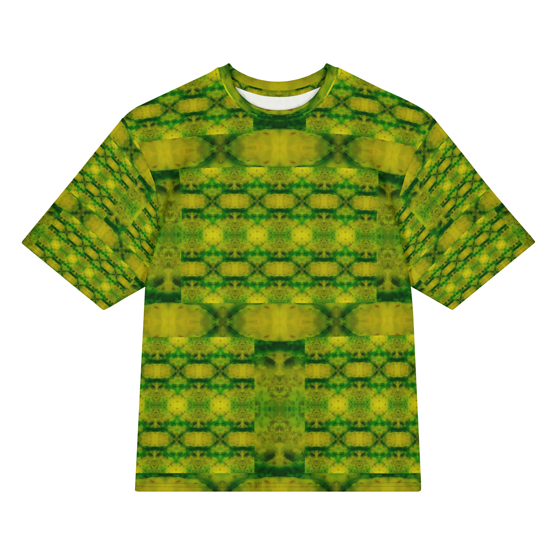 Front view of Purely Jade Light Cotton OverSized T-Shirt with yellow-green chamber lattice, broad horizontal bands, and patterned sleeves by RJSTH.