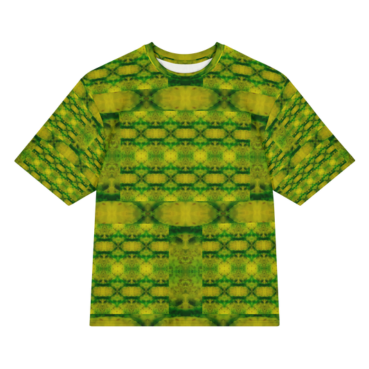 Front view of Purely Jade Light Cotton OverSized T-Shirt with yellow-green chamber lattice, broad horizontal bands, and patterned sleeves by RJSTH.
