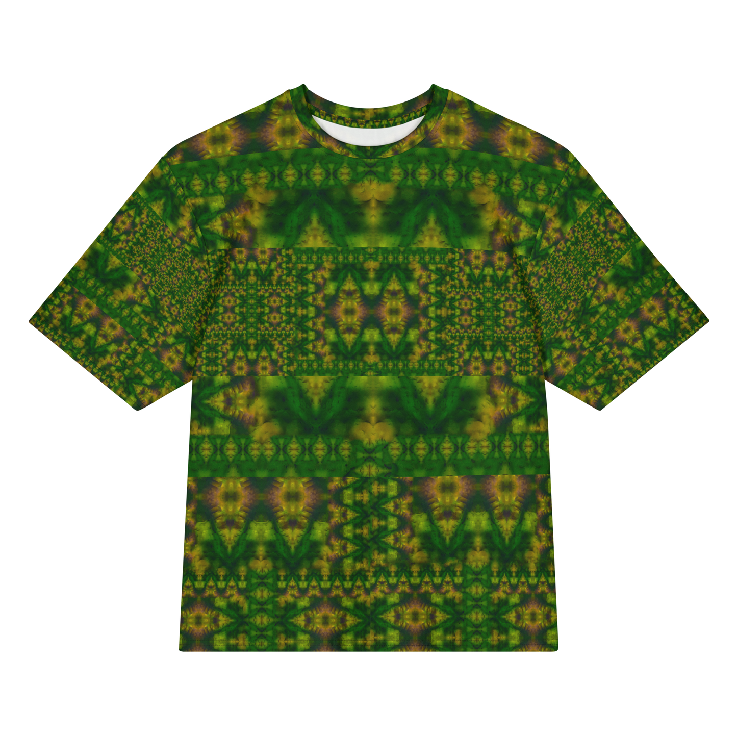 Front view of Purely Jade Light Cotton OverSized T-Shirt with dark green-and-gold mirrored lattice, horizontal chamber bands, and patterned sleeves by RJSTH.