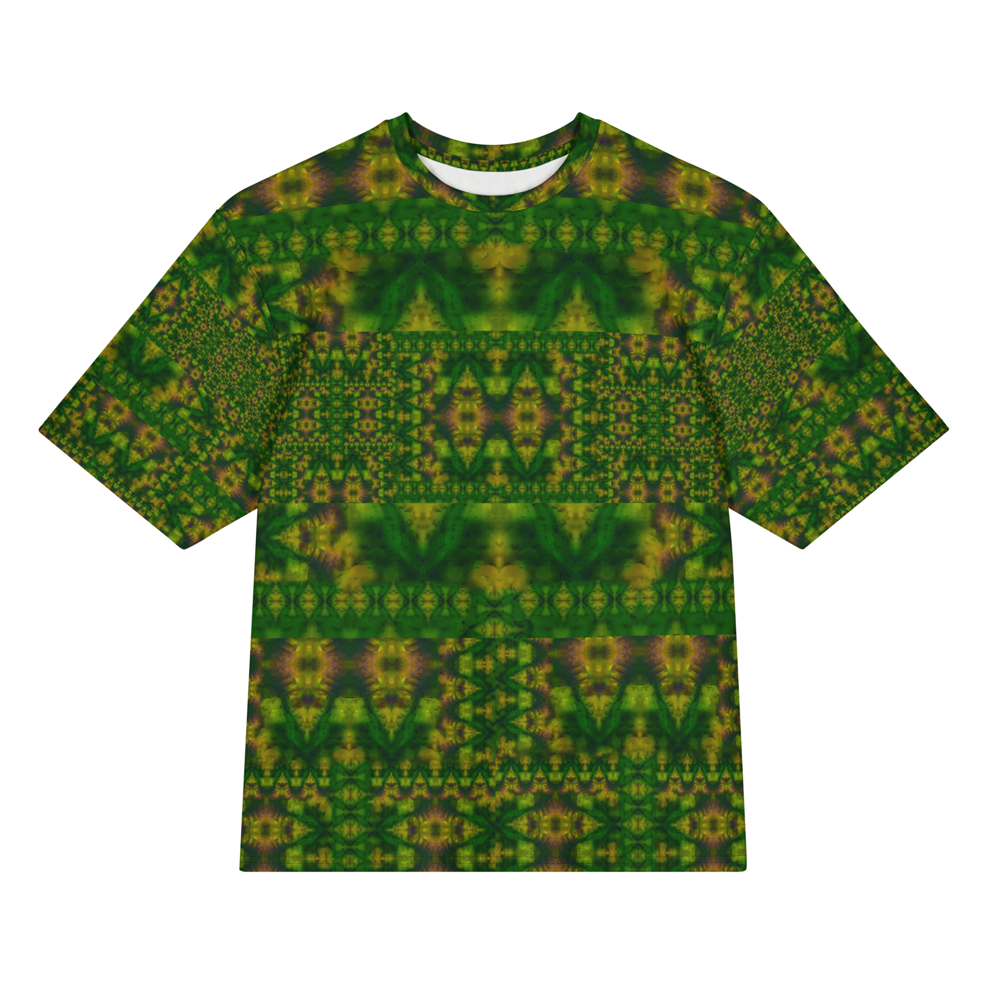 Front view of Purely Jade Light Cotton OverSized T-Shirt with dark green-and-gold mirrored lattice, horizontal chamber bands, and patterned sleeves by RJSTH.