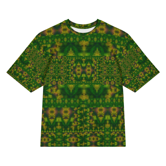 Front view of Purely Jade Light Cotton OverSized T-Shirt with dark green-and-gold mirrored lattice, horizontal chamber bands, and patterned sleeves by RJSTH.