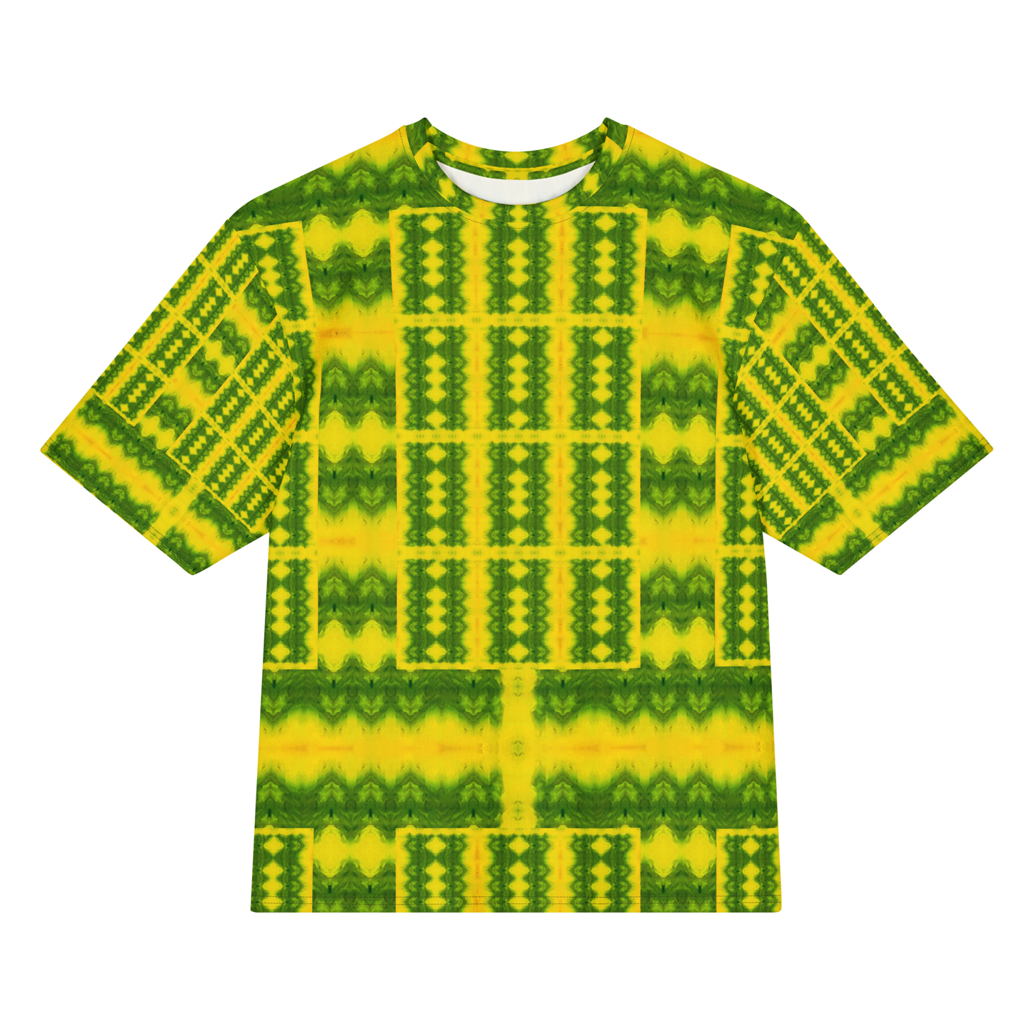 Front view of Purely Jade Light Cotton OverSized T-Shirt with bright yellow-green lattice grid, vertical column structure, and patterned sleeves by RJSTH.