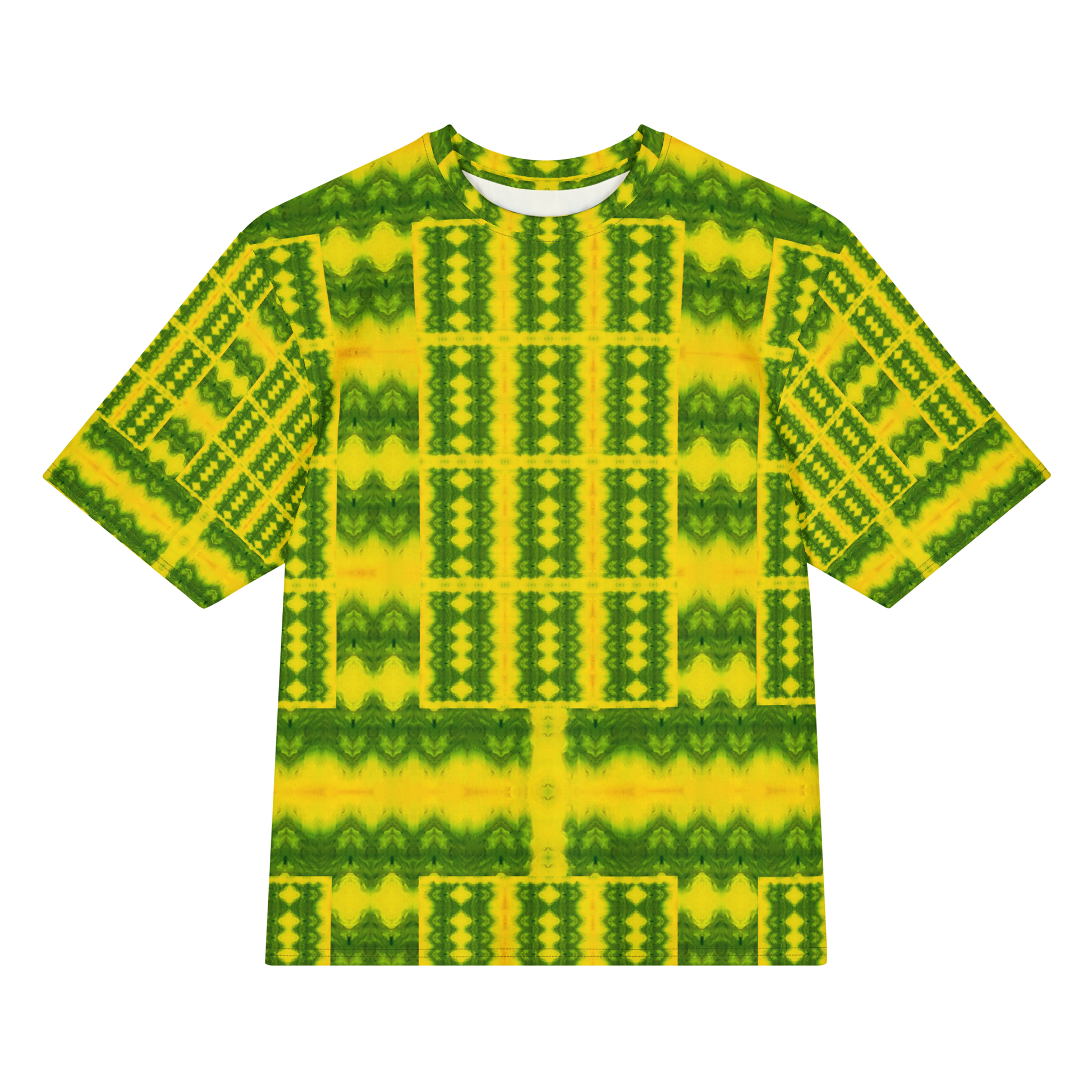 Front view of Purely Jade Light Cotton OverSized T-Shirt with bright yellow-green lattice grid, vertical column structure, and patterned sleeves by RJSTH.
