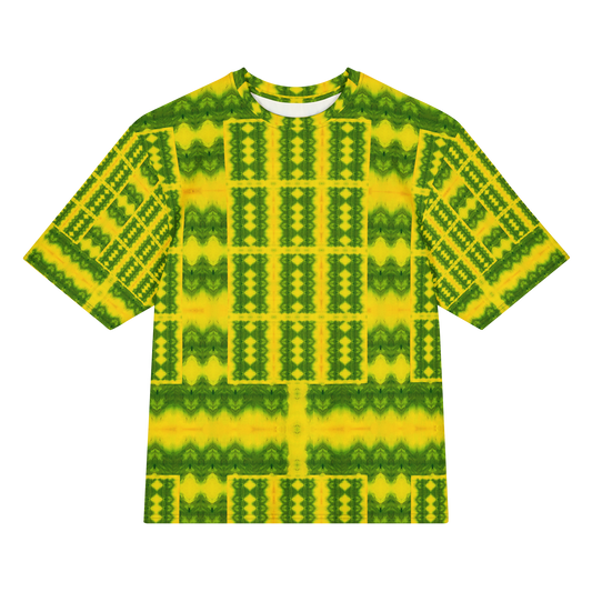 Front view of Purely Jade Light Cotton OverSized T-Shirt with bright yellow-green lattice grid, vertical column structure, and patterned sleeves by RJSTH.