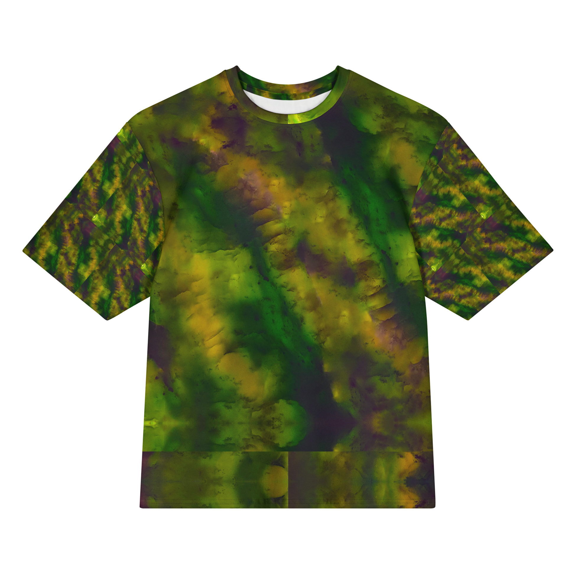 Front view of Purely Jade Light Cotton OverSized T-Shirt with dark green clouded jade field, gold-purple mineral shadows, and patterned sleeves by RJSTH.