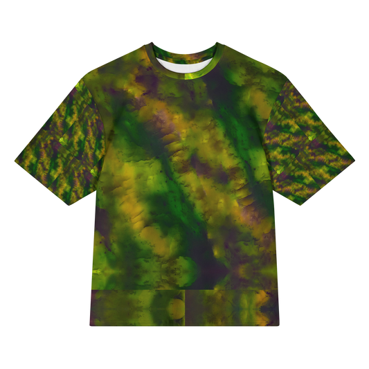 Front view of Purely Jade Light Cotton OverSized T-Shirt with dark green clouded jade field, gold-purple mineral shadows, and patterned sleeves by RJSTH.