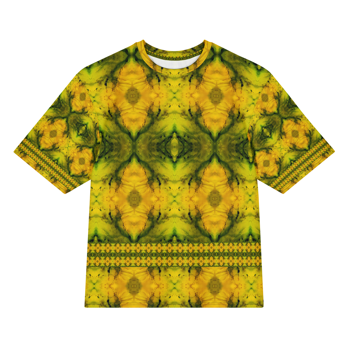 Front view of Purely Jade Light Cotton OverSized T-Shirt with yellow-gold mirrored jade blooms, horizontal lower lattice band, and patterned sleeves by RJSTH.
