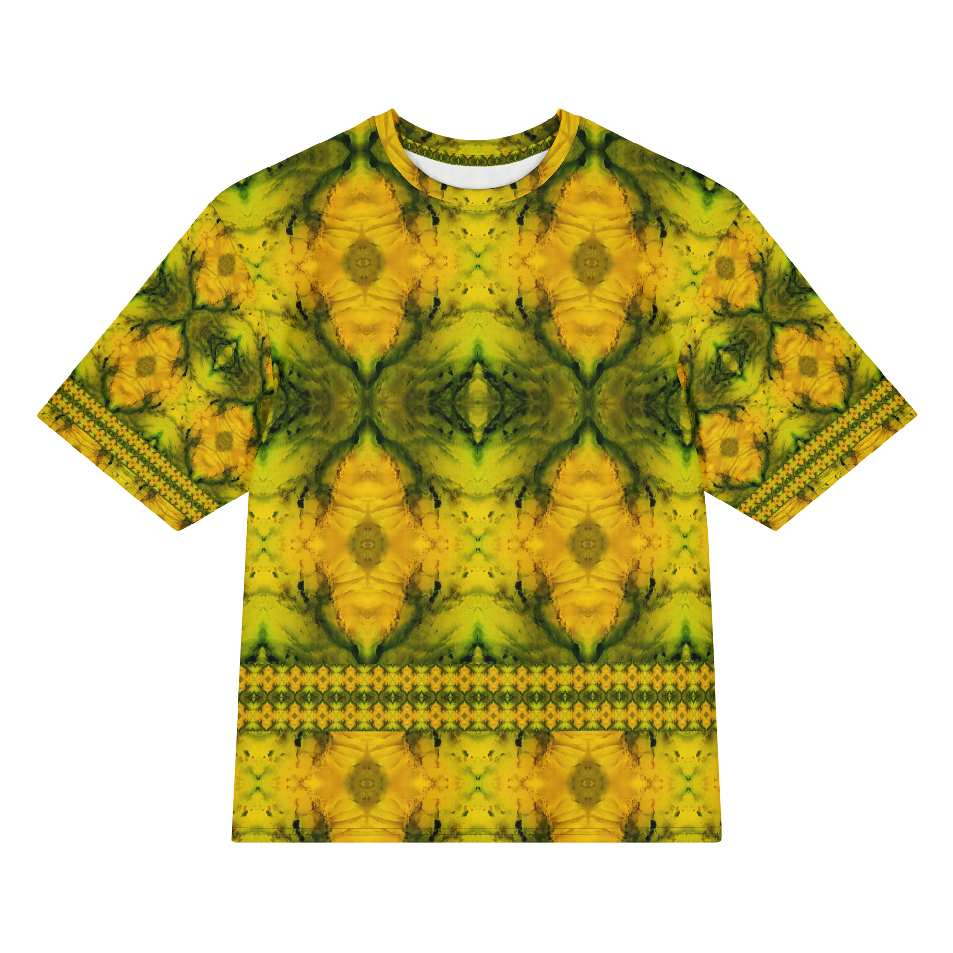 Front view of Purely Jade Light Cotton OverSized T-Shirt with yellow-gold mirrored jade blooms, horizontal lower lattice band, and patterned sleeves by RJSTH.