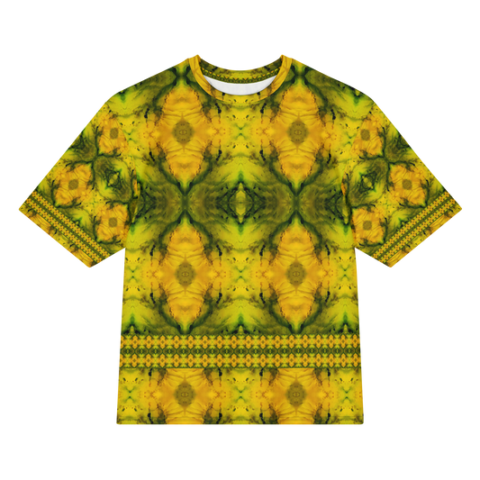 Front view of Purely Jade Light Cotton OverSized T-Shirt with yellow-gold mirrored jade blooms, horizontal lower lattice band, and patterned sleeves by RJSTH.