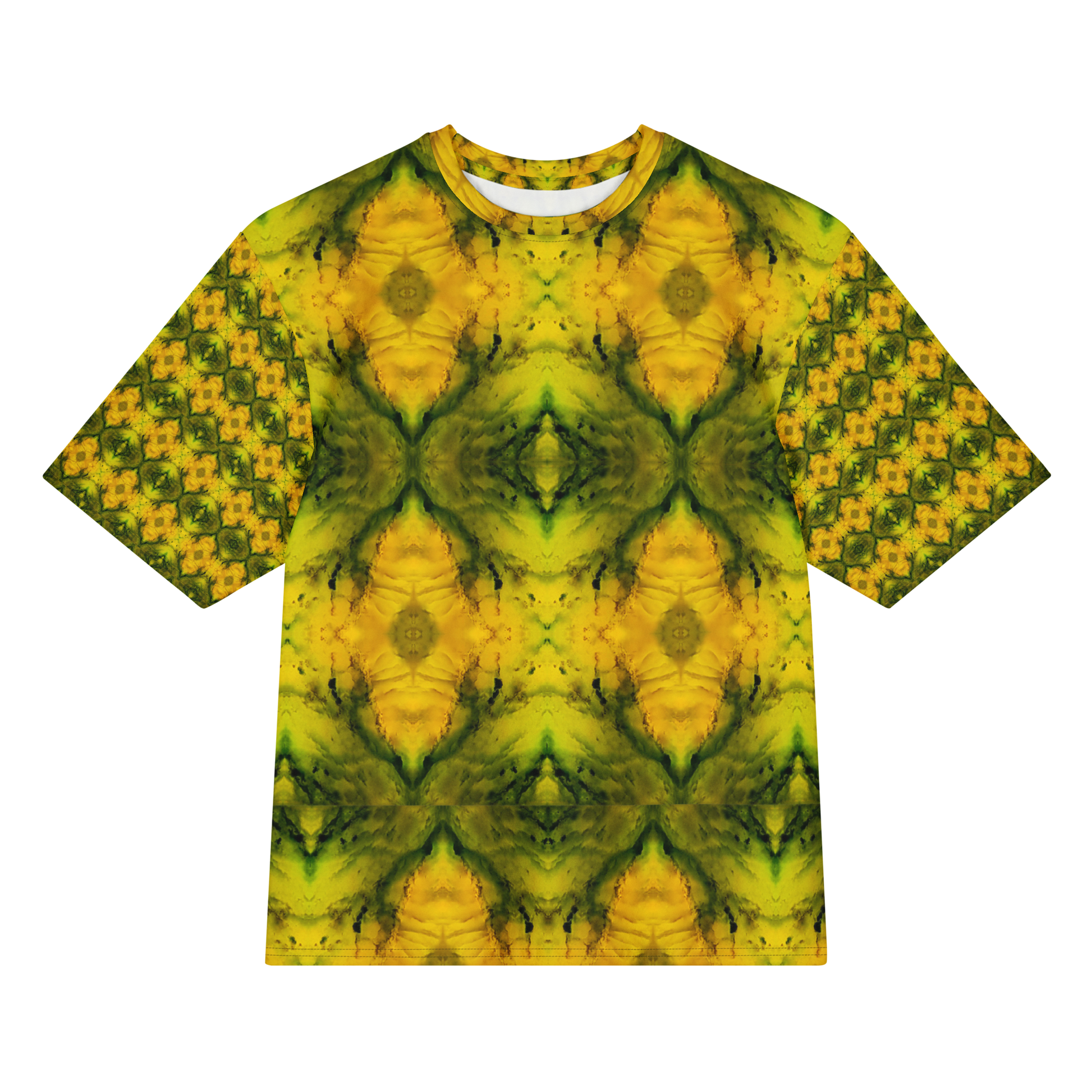 Front view of Purely Jade Light Cotton OverSized T-Shirt with yellow-gold mirrored jade blooms, dark green veining, and patterned sleeves by RJSTH.