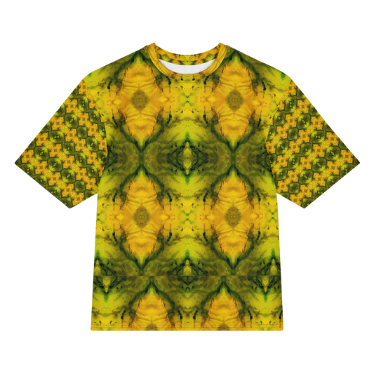 Front view of Purely Jade Light Cotton OverSized T-Shirt with yellow-gold mirrored jade blooms, dark green veining, and patterned sleeves by RJSTH.
