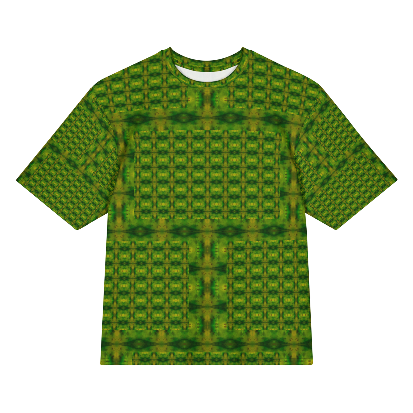 Front view of Purely Jade Light Cotton OverSized T-Shirt with green lattice grid, small yellow medallions, darker horizontal chamber bands by RJSTH.