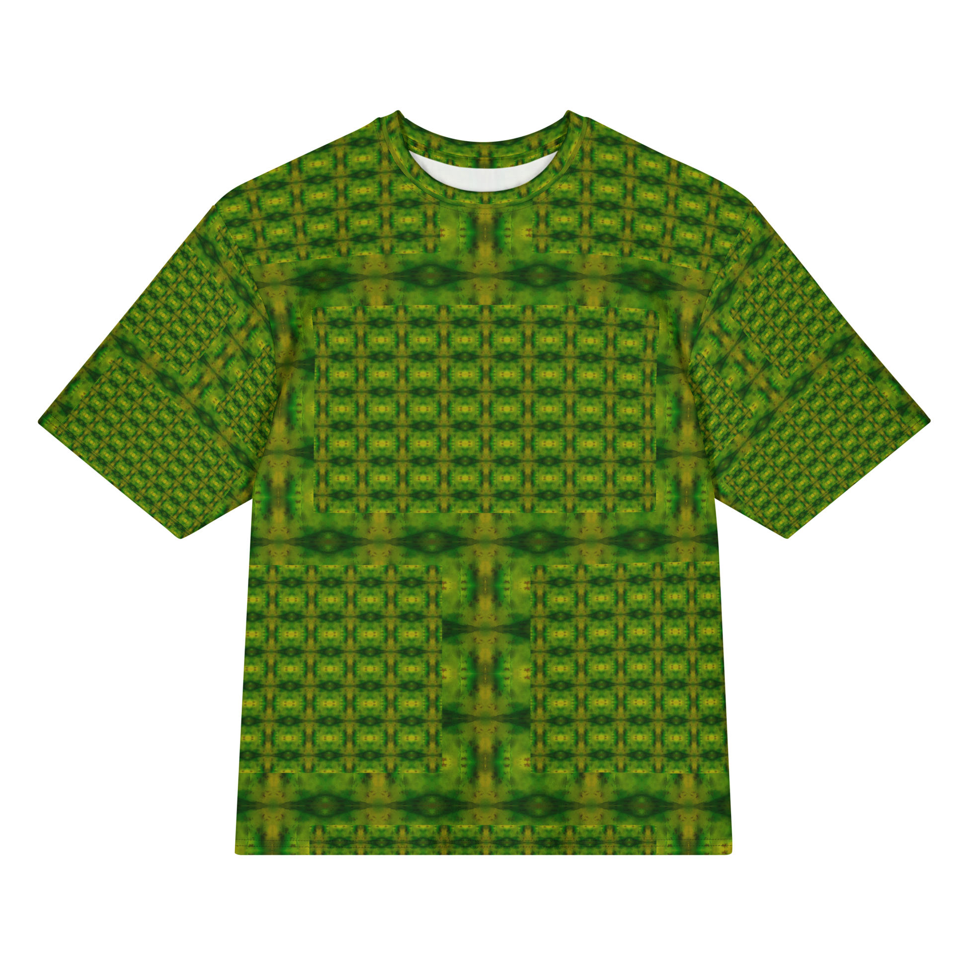 Front view of Purely Jade Light Cotton OverSized T-Shirt with green lattice grid, small yellow medallions, darker horizontal chamber bands by RJSTH.