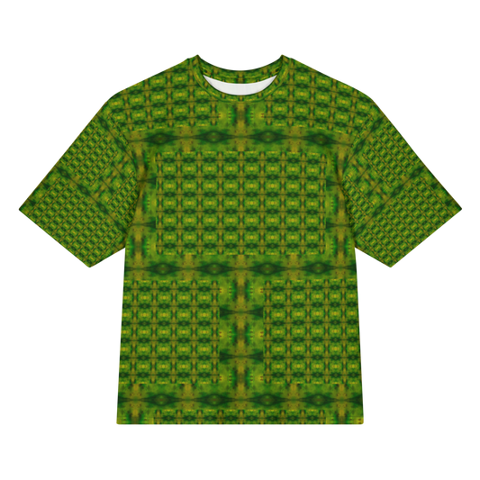 Front view of Purely Jade Light Cotton OverSized T-Shirt with green lattice grid, small yellow medallions, darker horizontal chamber bands by RJSTH.