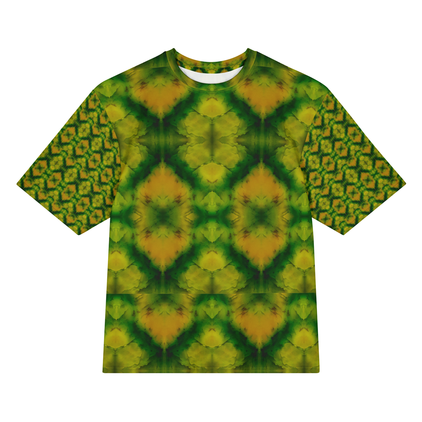 Front view of Purely Jade Light Cotton OverSized T-Shirt with large yellow-green mirrored diamond blooms, green veining, and patterned sleeves by RJSTH.