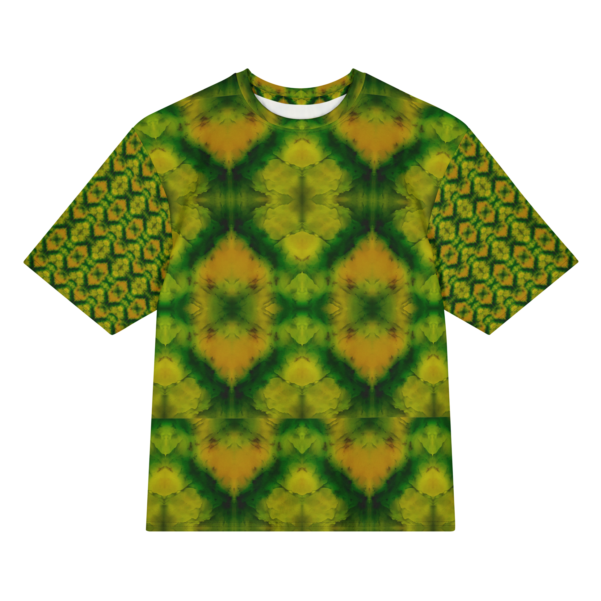 Front view of Purely Jade Light Cotton OverSized T-Shirt with large yellow-green mirrored diamond blooms, green veining, and patterned sleeves by RJSTH.