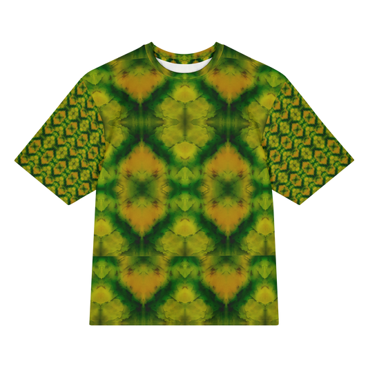 Front view of Purely Jade Light Cotton OverSized T-Shirt with large yellow-green mirrored diamond blooms, green veining, and patterned sleeves by RJSTH.