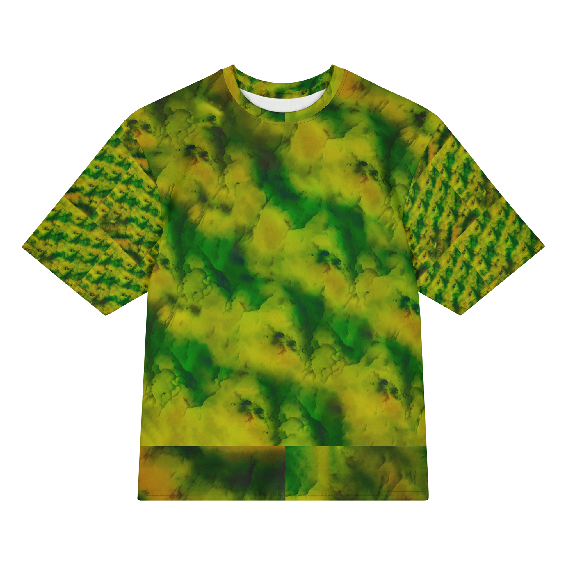 Front view of Purely Jade Light Cotton OverSized T-Shirt with soft green-yellow clouded jade field, diagonal sleeve lattice by RJSTH.