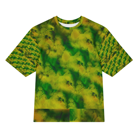 Front view of Purely Jade Light Cotton OverSized T-Shirt with soft green-yellow clouded jade field, diagonal sleeve lattice by RJSTH.