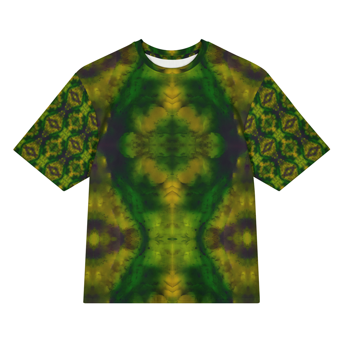 Front view of Purely Jade Light Cotton OverSized T-Shirt with deep green central jade plume, gold clouded edges, and patterned sleeves by RJSTH.