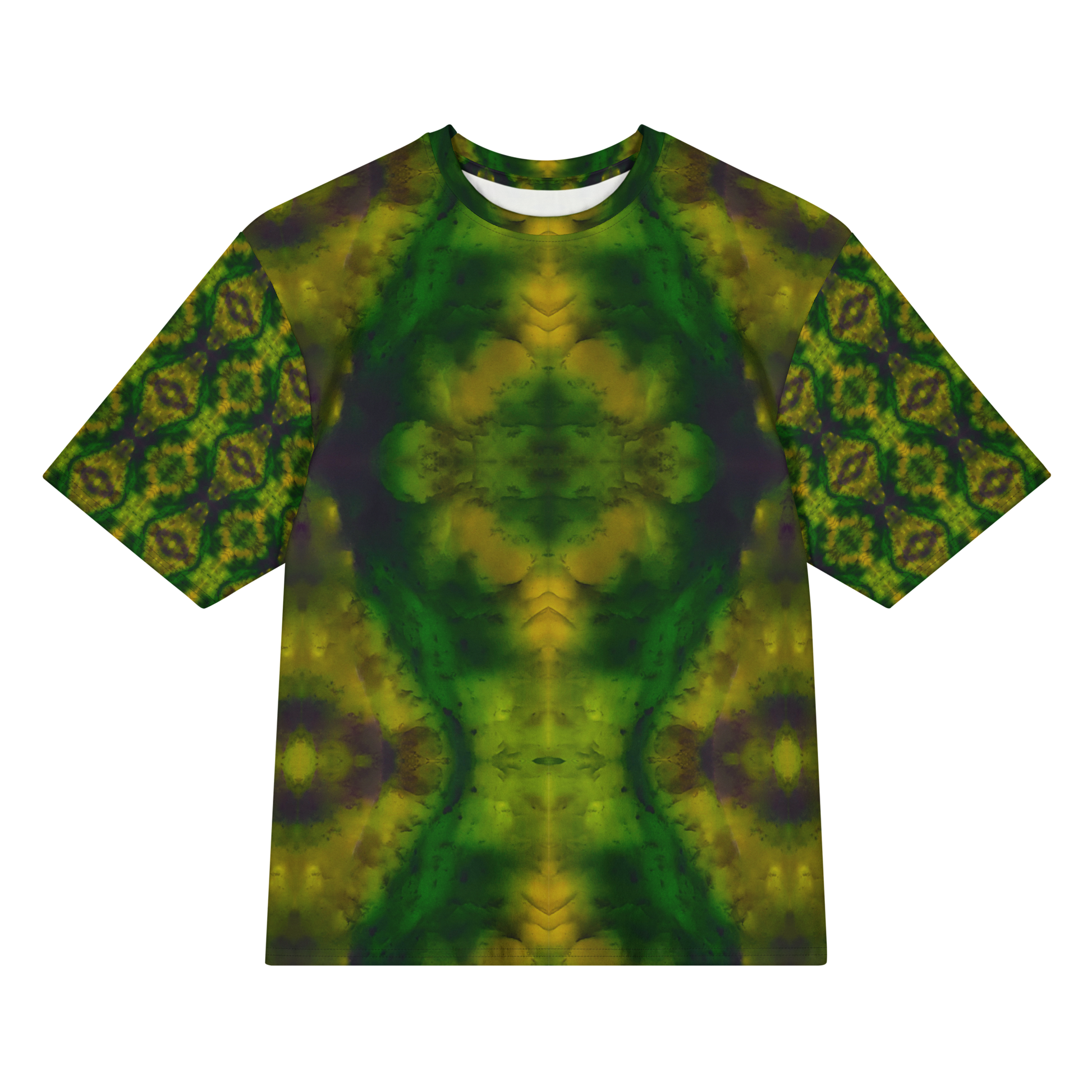 Front view of Purely Jade Light Cotton OverSized T-Shirt with deep green central jade plume, gold clouded edges, and patterned sleeves by RJSTH.