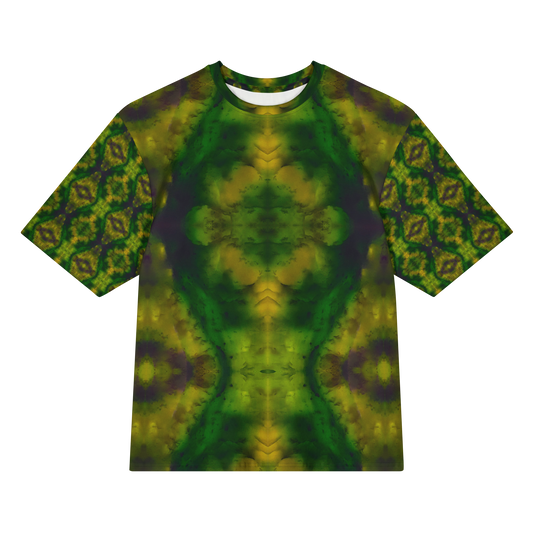 Front view of Purely Jade Light Cotton OverSized T-Shirt with deep green central jade plume, gold clouded edges, and patterned sleeves by RJSTH.