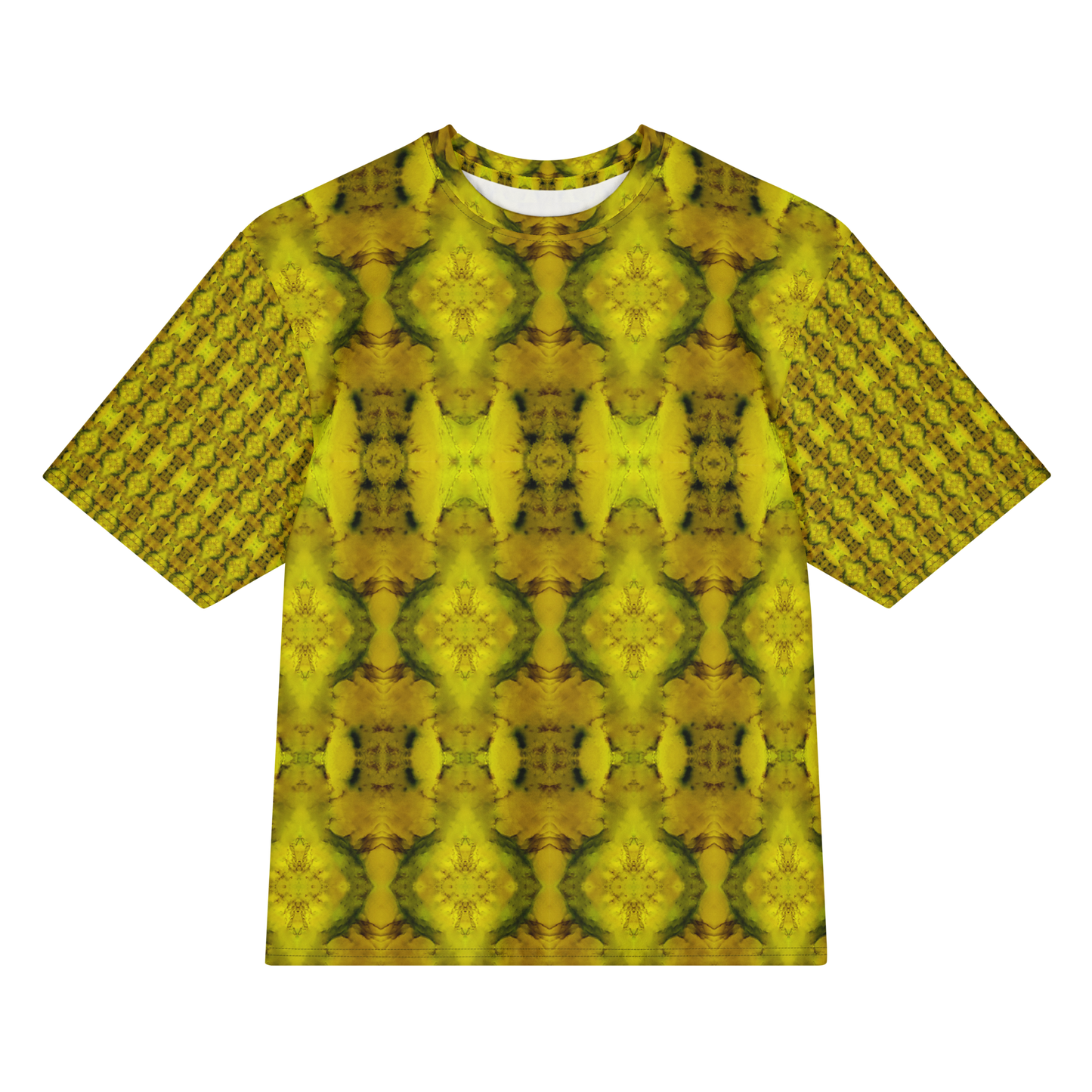 Front view of Purely Jade Light Cotton OverSized T-Shirt with yellow-gold mirrored jade blooms, green veining, and patterned sleeves by RJSTH.