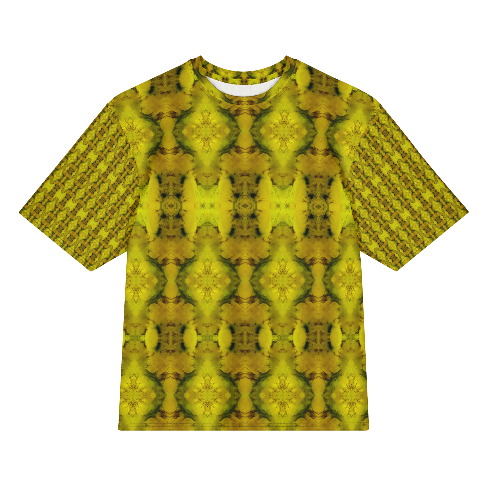 Front view of Purely Jade Light Cotton OverSized T-Shirt with yellow-gold mirrored jade blooms, green veining, and patterned sleeves by RJSTH.