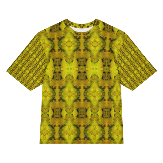 Front view of Purely Jade Light Cotton OverSized T-Shirt with yellow-gold mirrored jade blooms, green veining, and patterned sleeves by RJSTH.