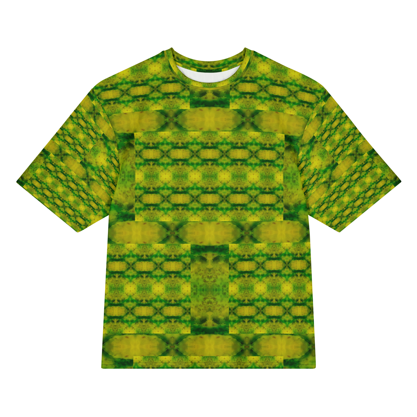 Front view of Purely Jade Light Cotton OverSized T-Shirt with green-yellow lattice grid, broad horizontal chamber bands, and patterned sleeves by RJSTH.