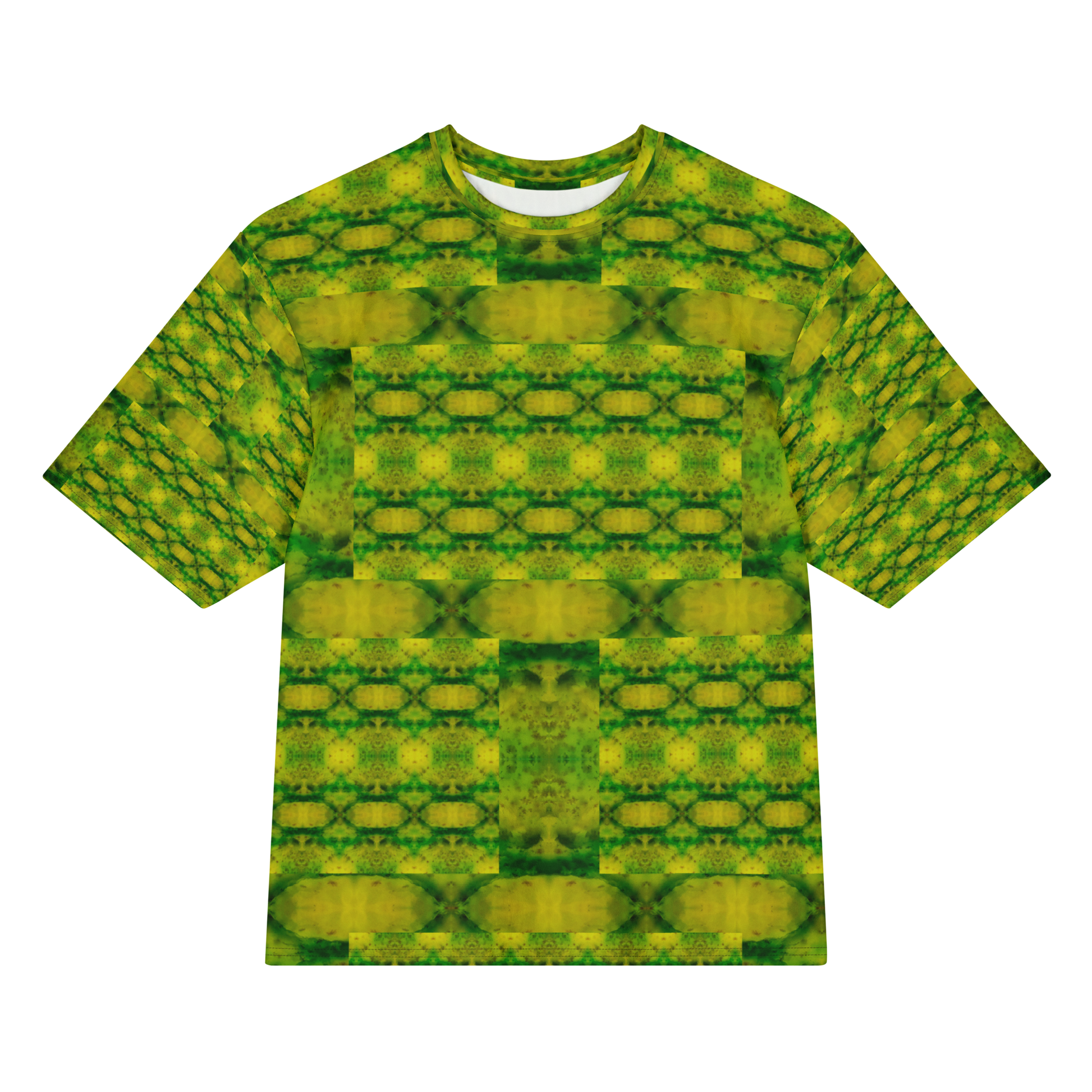 Front view of Purely Jade Light Cotton OverSized T-Shirt with green-yellow lattice grid, broad horizontal chamber bands, and patterned sleeves by RJSTH.