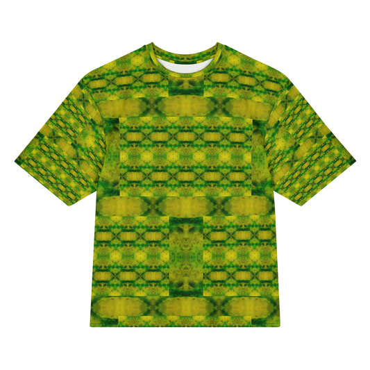 Front view of Purely Jade Light Cotton OverSized T-Shirt with green-yellow lattice grid, broad horizontal chamber bands, and patterned sleeves by RJSTH.