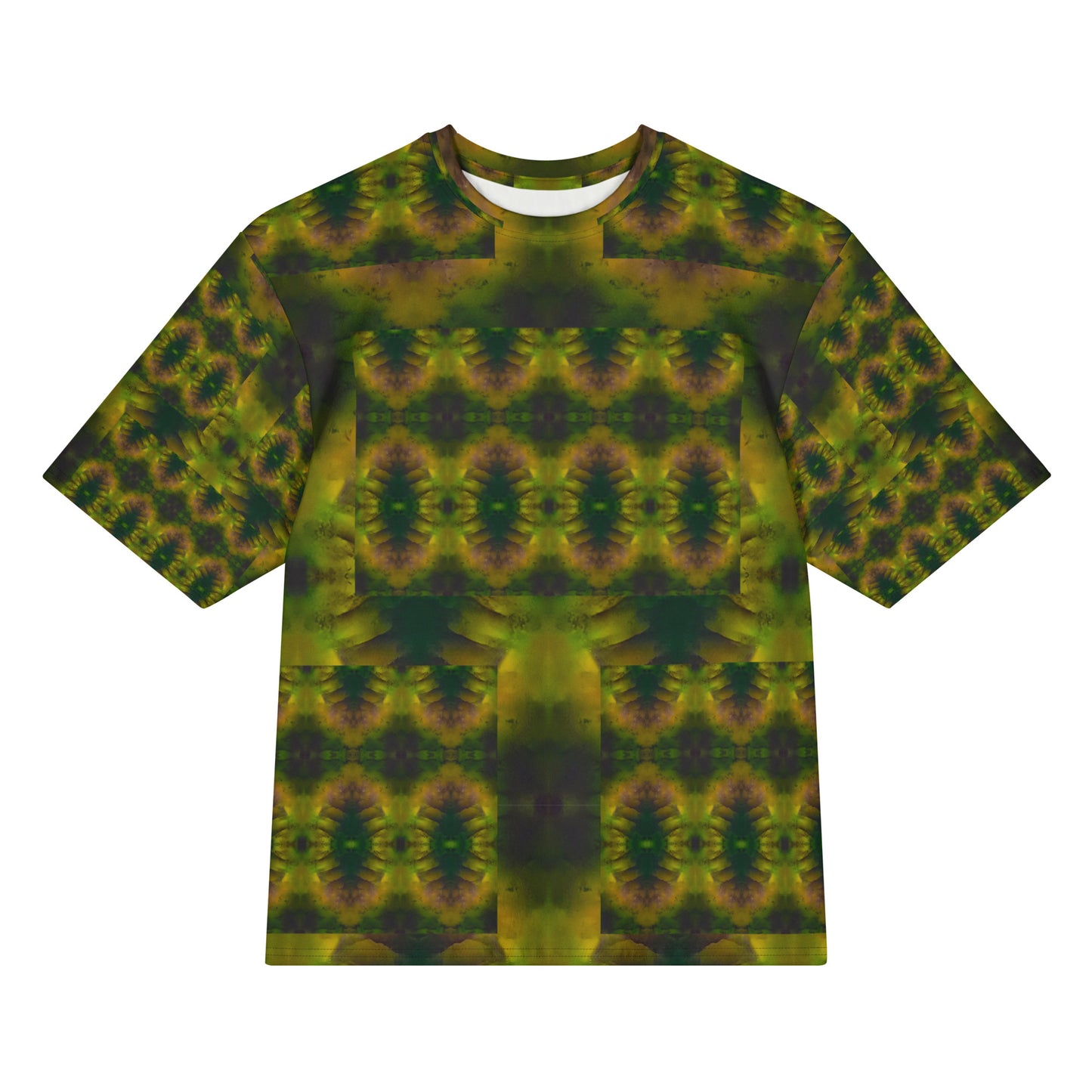 Front view of Purely Jade Light Cotton OverSized T-Shirt with dark green-and-gold mirrored medallion field, vertical center band, and patterned sleeves by RJSTH.